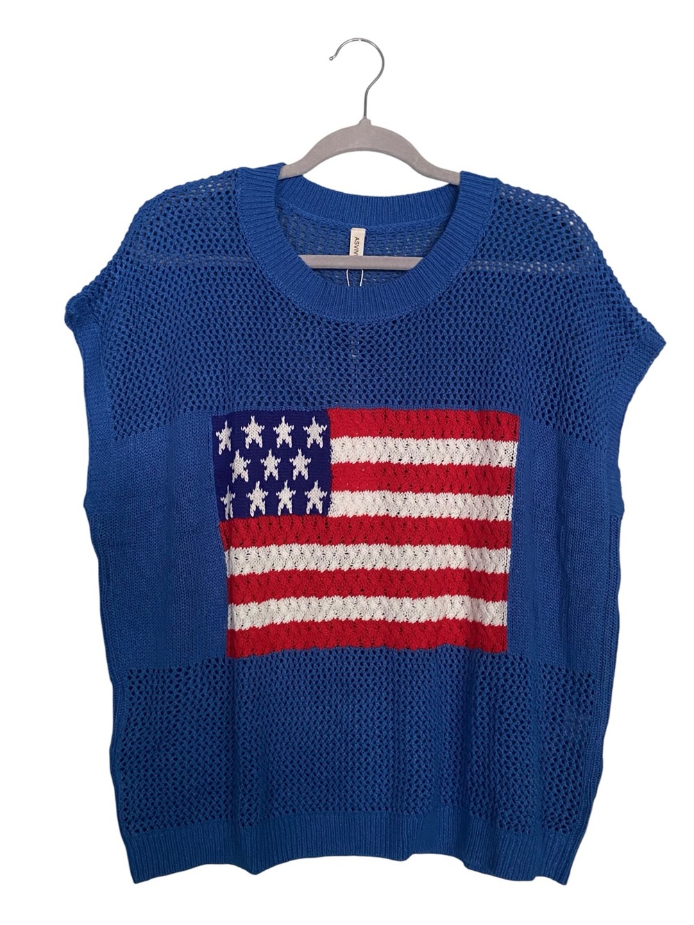 NWT Royal Blue American Flag Lightweight Short Sleeve Knit Sweater Top Size XL